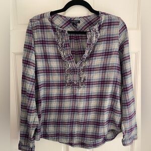 Lands' End 100% Cotton Purple and Gray Plaid‎ Flannel Top - Size Medium M